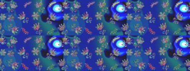 Çiçek mavisi, mor ve yeşil pürüzsüz desen. Raster çiçek izi. Klasik taslak çizimi. Raster Yumuşak kumaş deseni.