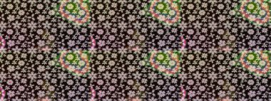 Elle çizilmiş çiçek desenli Raster çizimi. Çocuksu tasarım. Tekstil, kumaş, ambalaj, hatıra defteri için hoş bir çiçek arkaplanı. Siyah arkaplanda.