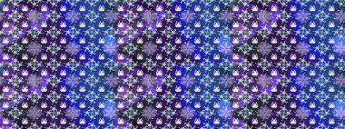 Kar tanelerinin soyut arkaplanlı Noel şablonu. Mor ve mavi kar taneleri. Raster illüstrasyonu. Renkler. Noel ve Yeni Yıl moda baskıları için tatil tasarımı.