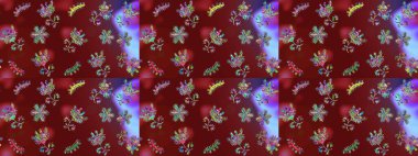 Kar tanelerinin soyut arkaplanlı Noel şablonu. Kırmızı, mor ve mavi kar taneleri. Raster illüstrasyonu. Noel ve Yeni Yıl moda baskıları için tatil tasarımı.