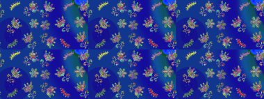 Klasik çiçekler. El çizimi, soyut ve süslü elementler. Yaz çiçekleri teması. Mavi, yeşil ve mor renkler. Suluboya resim taklit Raster illüstrasyonu.