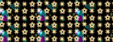 Kar tanelerinin soyut arkaplanlı Noel şablonu. Noel ve yeni yıl moda baskıları için tatil tasarımı. Raster illüstrasyonu. Siyah, sarı ve mavi renkler.