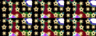 Raster - stok. Yapraklı çiçekler ve papatya çiçekli siyah renkte papatyalar. Taslak arkaplan deseni.