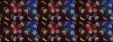 Kahverengi, mavi ve gri renklerde etnik çiçeklerle kusursuz bir desen. Asya Tekstil 'inde Raster Çiçek İllüstrasyonu.