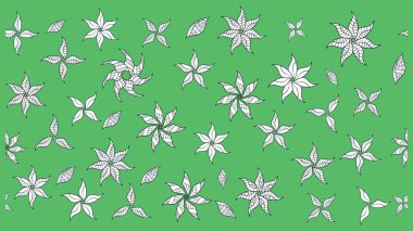 Raster düz çiçek çizim deseni. Hediye ambalaj kağıdı, tebrik kartları, posterler ve pankart tasarımı. Yeşil renkte çiçekler.
