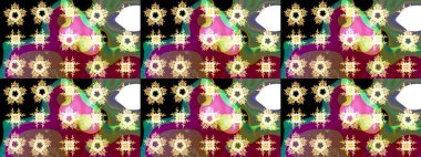 Renkli desenli eskiz deseni, yeşil çiçekler ve dekoratif elementlerle. Eski usul. Raster illüstrasyonu. Eskiz geçmişi. Kumaş, tekstil ve duvar kağıdı baskısı için..