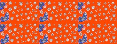 Turuncu renkli çiçek desenli çizim, el yapımı papatyalar, papatyalar. Tekrarlayan çiçek arkaplanı, zarif turuncu çiçek duvar kağıdı.