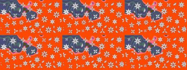 Düz Çiçek Elementleri Tasarım Raster illüstrasyonu. Çiçekli çiçek deseni, suluboya. Turuncu renkli çiçekler. Renkli Bahar temalı eskiz deseni..