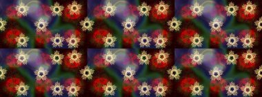 Düşen Noel stili kar taneleri. Güzel, kahverengi, gri ve kırmızı kar taneleri renkli bir arka planda izole edilmiş. Kar taneleri, kar yağışı. Görüntü.