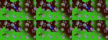 Bir sürü yeşil ve soyut çiçekli tropik eskiz deseni. Küçük çiçekteki sevimli çiçek deseni. Varicologreen Raster çizimi.