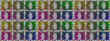 Çiçeksiz desenli, suluboya elle çizilmiş elementler. Parlak renkli fantezi çiçekleri, yapraklar, yeşil renkli tomurcuklar.