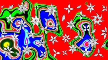 Eskiz arkaplan modeli. Raster - stok. Yapraklı çiçekler ve kırmızı renkli papatya çiçekleri..