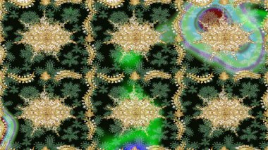 Tasarım şablonu için çizgi çizimi sınırı. Davetiyeler, kartlar, web sayfası için Raster illüstrasyon. Doğu tarzı element. Yeşil renklerdeki altın element. Altın çizgili çiçek dekoru.