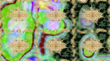 Damask çizimi tekrarlanıyor. Barok tarzında altın çiçekli süs. Yeşil renklerdeki altın element. Antika altın tekrarlanabilir duvar kağıdı.