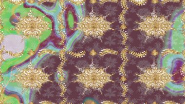 Çiçek süslemeli Raster eskiz deseni. Süslü dantel iz sürücü. Kahverengi renkli geleneksel Arap dekoru. Doğu tarzında klasik tasarım öğesi. Duvar kağıdı için altın süslü illüstrasyon.