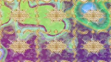 Altın elementlerle nötr renklerde altın desen. Barok tarzında duvar kâğıdı tasarımı için eskiz şablonu arka planı. Süslü raster dekorasyonu.