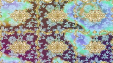 Doku arka planında altın duvar kâğıdı. Barok tarzında altın çiçekli süs. Damask çizimi tekrarlanıyor. Tarafsız renklerde altın element.