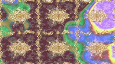 Parlak dantel, stilize çiçekler, şal desenli. Altın desenli bukleler çiz. Hassas altın deseni açın. Kahverengi renkli ve altın elementli eskiz deseni. Raster sanatı. Doğu tarzı arabesk.