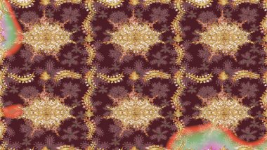 Raster illüstrasyonu. Damask altın soyut çiçek deseni kahverengi renklerde. Süsleme.