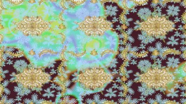 Tarafsız renkler üzerinde klasik oryantal desen. Geleneksel raster ve altın desen. Damask taslak süsü.