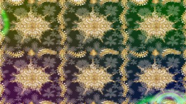 Dekoratif simetri arabesk. Ortaçağ çiçek desenini çiz. Yeşil renkte altın. Raster illüstrasyonu. Doğum günü, davetiye ya da afiş için tebrik kartı.