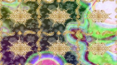 Doku arka planında altın duvar kâğıdı. Damask çizimi tekrarlanıyor. Tarafsız renklerde altın element. Barok tarzında altın çiçekli süs..