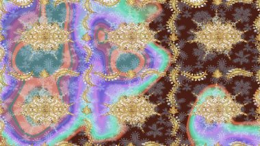 Tarafsız renklerde altın element. Damask çizimi tekrarlanıyor. Barok tarzında altın çiçekli süs. Doku arkaplanı üzerine altın duvar kağıdı.