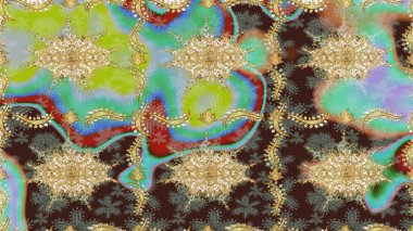 El yapımı dekoratif çerçeve, albüm kapağı, tebrik kartı, klasik Art deco tarzı. Raster soyut çiçek çelengi altın karalama fantezi yaprakları ve kahverengi renkte çiçek.