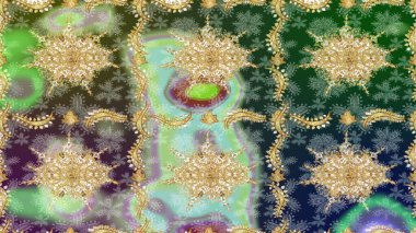 Raster geometrik arka plan. Senin tasarımın için, duvar kağıdı. Altın çiçekli yeşil renklerde altın eskiz deseni. Altın renkli çizim çizimi.