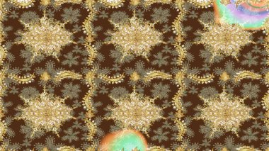 Süslü dekorasyon. Damask altın soyut çiçek deseni kahverengi renklerde. Raster illüstrasyonu.