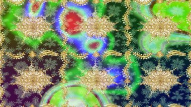 Geleneksel altın sarısı desenli yeşil renkli ve altın elementli. Barok tarzında eskiz doğulu süsü..