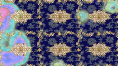 Raster geometrik arka plan. Altın çiçekli mavi renklerde altın eskiz deseni. Altın renkli çizim çizimi. Senin tasarımın için, duvar kağıdı..