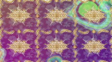 Mor renkler ve altın elementler üzerine altın eskiz deseni. Klasik altın desenli eskiz. Raster illüstrasyonu. Tekrarlayan ögelerle soyut arkaplan Raster.