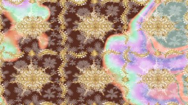 Tarafsız renklerdeki altın desenler ve altın elementler. Lüks, kraliyet ve Viktorya dönemi konsepti. Raster klasik barok çiçek deseni altın rengi. Süsleme.