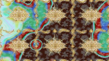 Antika altın tekrarlanabilir duvar kağıdı. Damask çizim kalıbı arka planı tekrarlıyor. Kahverengi renklerde altın element. Barok tarzında altın çiçek süsü..