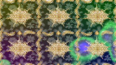 Yeşil renkler ve altın elementler üzerine çizim. Raster oryantal süs. Altın deseni çiz.