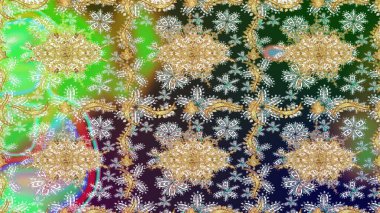 Barok tarzında eskiz oryantal süsü. Raster geleneksel altın çizim deseni yeşil renkler üzerine.