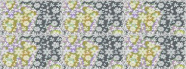 Renkli Yaz Temalı Kusursuz Arkaplan. Gri renkli çiçekler. Düz Çiçek Elementleri Tasarımı. Raster illüstrasyonunda trendsiz çiçek deseni.