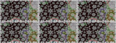 Düz Çiçek Elementleri Tasarımı. Raster illüstrasyonu. Gri renkli, zarif çiçek buketli suluboya. Renkli Bahar Teması Kusursuz Arkaplan.