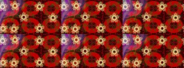 Şirin çiçekli eskiz deseni ve kırmızı, kahverengi ve mor renkli yapraklar, suluboya çiçek deseni, duvar kağıdı, kart veya kumaş için fayanslı. Raster illüstrasyonu.