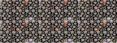 Raster illüstrasyonu. Siyah renkli çiçekler. El çizimi çiçekli soyut çizim deseni.