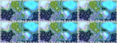 Mavi ve nötr küçük çiçekler ve mavi ve nötr renklerdeki komik böcekler, raster desen, illüstrasyon.