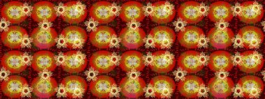 Bokeh kahverengisi, kırmızı, sarı ve kar taneleriyle dekoratif Noel arkaplanı. Raster illüstrasyonu.