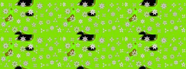 Bir sürü yeşil ve soyut çiçekli tropik eskiz deseni. Varicologreen Raster çizimi. Küçük çiçekte sevimli çiçek deseni var..