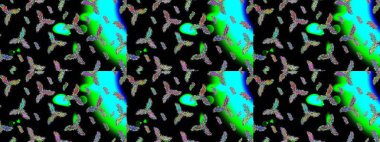 Siyah, mavi ve yeşil kar tanelerinin olduğu Noel kartı siyah, mavi ve yeşil renklerde. Kış kartı Mutlu Noeller, Yeni Yıl ve Mutlu Tatil Raster çizimleri. Kar taneleri arkaplanı.