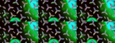 Raster illüstrasyonu. Siyah, yeşil ve gri renkli kristal kar taneleri.