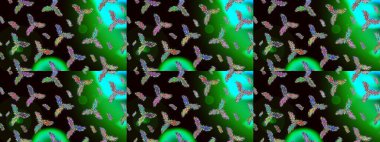 Raster illüstrasyonu. Siyah, yeşil ve gri renkli kristal kar taneleri.