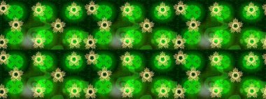 Yeşil, mavi ve sarı kar taneleri. Raster illüstrasyonu. Noel ve yeni yıl moda baskıları için tatil tasarımı. Kar tanelerinin soyut arkaplanlı Noel deseni.