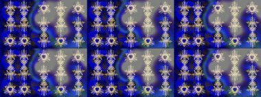 Çiçek desenli çizim. Raster illüstrasyonu. Mavi, gri ve mor renkli Asya tekstili.