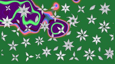 Eskiz geçmişi. Renkli desenli eskiz deseni, yeşil çiçekler ve dekoratif elementlerle. Kumaş, tekstil, duvar kağıdı baskısı için. Eski usul. Raster illüstrasyonu.